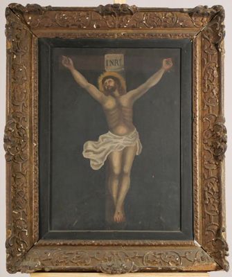 an image of a painting of jesus on the cross hanging on a wall