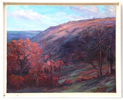 un tableau représentant un paysage de montagne avec des arbres au premier plan