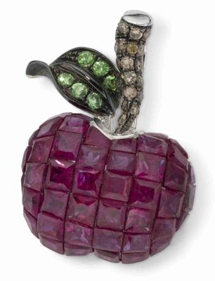 Broche - Pendentif ‘Cerise’ EN OR Gris 18k Diamants Rubis ET…