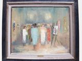 an oil painting of a group of people standing in front of a painting easel