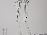 un dessin représentant une femme en robe, assise sur un tabouret