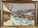 an image of a painting of a snow covered village in a frame