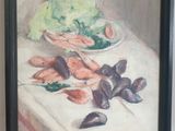 une peinture représentant une assiette de nourriture posée sur une table