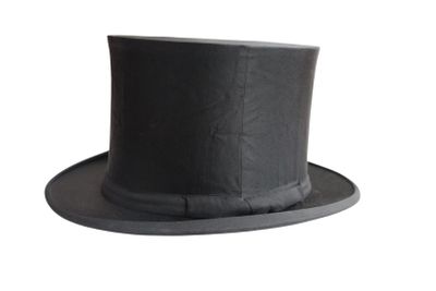 a black top hat with a bow tie on a white background