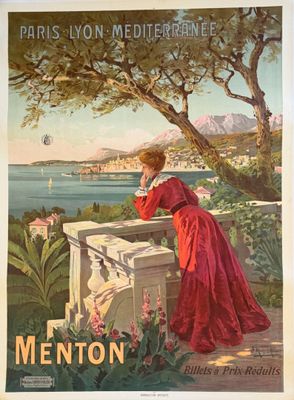 une vieille affiche représentant une femme en robe rouge qui contemple le lac