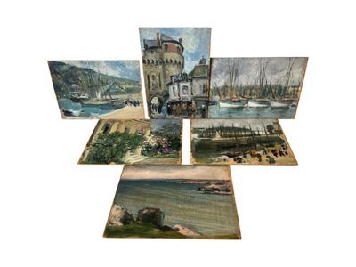 four paintings of boats in a harbor with a castle in the background