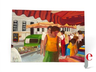 un tableau représentant des personnes debout sous un parapluie sur un marché