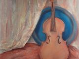 an oil painting of a violin sitting on top of a table
