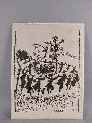 un dessin en noir et blanc représentant un groupe de personnes dans une forêt