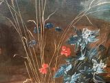 a painting of flowers in a vase on a table