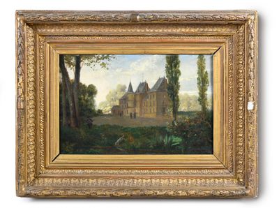 an oil painting of a house in a wooded setting