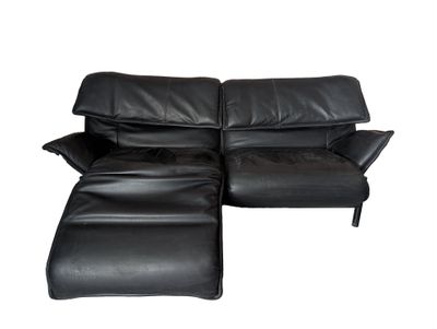 black leather reclining sofa with chaise lounger and ottoman