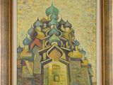 une peinture représentant un bâtiment avec un toit vert et une charpente marron