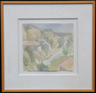 framed watercolor painting of a landscape with trees and hills in the background