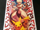 a framed photo of a pikachu and a pikachu in front of a sign