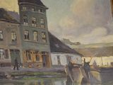 a painting of a boat in front of a building