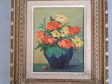 une image d'un tableau de fleurs dans un vase bleu