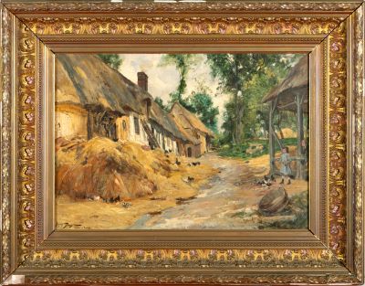 an image of a painting of a village with a dirt road in the foreground