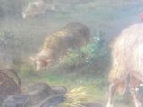 un tableau représentant des moutons paissant dans un champ en compagnie d'autres animaux