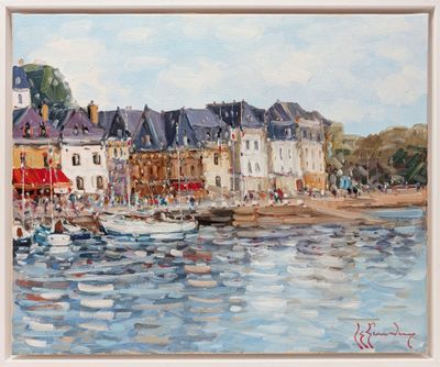 une peinture à l'huile d'une scène portuaire avec des bateaux dans l'eau