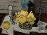 a painting of a vase of flowers and fruit on a table