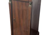 a wooden cabinet with a marble top on a white background