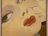 a painting of a woman kissing a man on the forehead