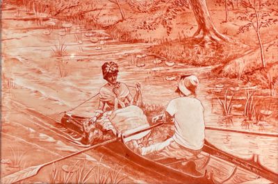 dessin représentant deux personnes dans un canoë sur une rivière, avec des arbres en arrière-plan