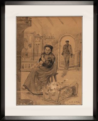 an old picture of a woman sitting on a chair in a room