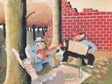 a painting of a group of people playing a game of accordions