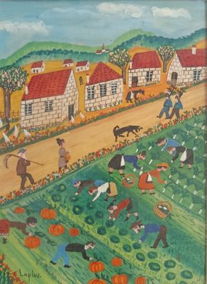 an image of a painting of people in a field with pumpkins