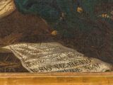 a painting of a man reading a book on a table