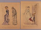 two drawings of a woman in a dress and a man in a suit