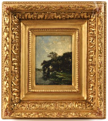 a painting of a landscape with trees and a river in the foreground