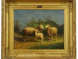 tableau représentant des moutons et des agneaux dans un champ, avec un décor boisé en arrière-plan