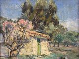 une peinture à l'huile représentant une petite maison au milieu d'un champ