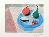 un dessin représentant une assiette de fruits posée sur une table