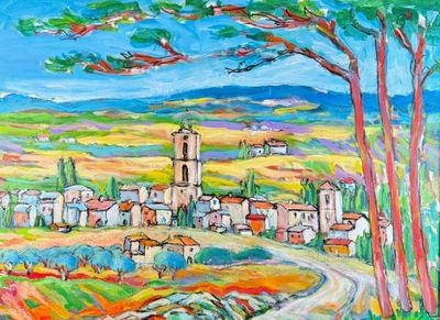 peinture représentant un tableau d'un village traversé par une route