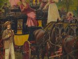 tableau représentant une femme dans une calèche tirée par deux chevaux et un homme tenant un parapluie