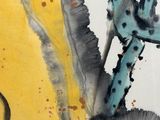 yellow and black abstract painting of a bird on a branch