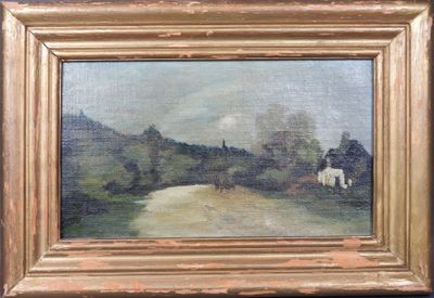 une peinture à l'huile représentant une route de campagne avec une maison au loin