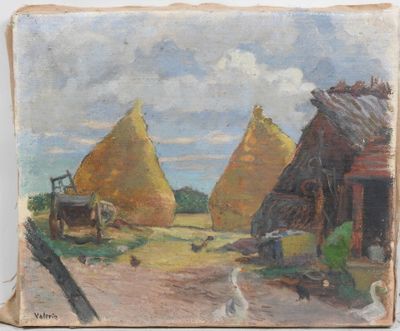 une peinture à l'huile représentant une scène de ferme avec des meules de foin et des poulets
