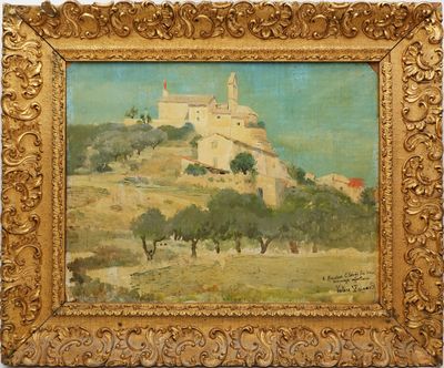 une peinture à l'huile représentant un château sur une colline avec des arbres au premier plan