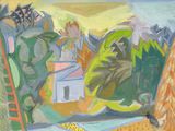an oil painting of a corn cob on a table with a view of a village