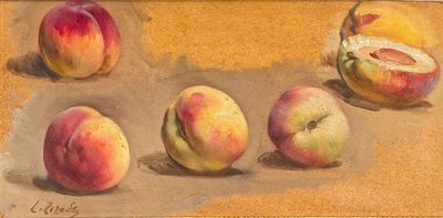 painting of peaches on a table with a basket of peaches