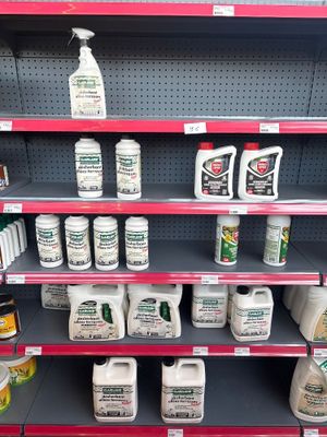 many bottles of cleaning products on the shelves in the store