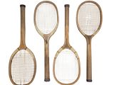four wooden tennis rackets are lined up against a white background