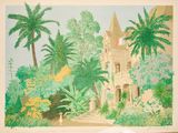a painting of a castle in the middle of a garden