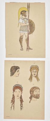 quatre dessins de couleurs différentes représentant un homme armé d'une épée et une femme portant un bouclier
