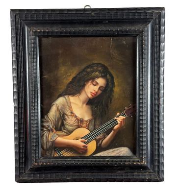un tableau représentant une femme jouant de la guitare, dans un cadre noir